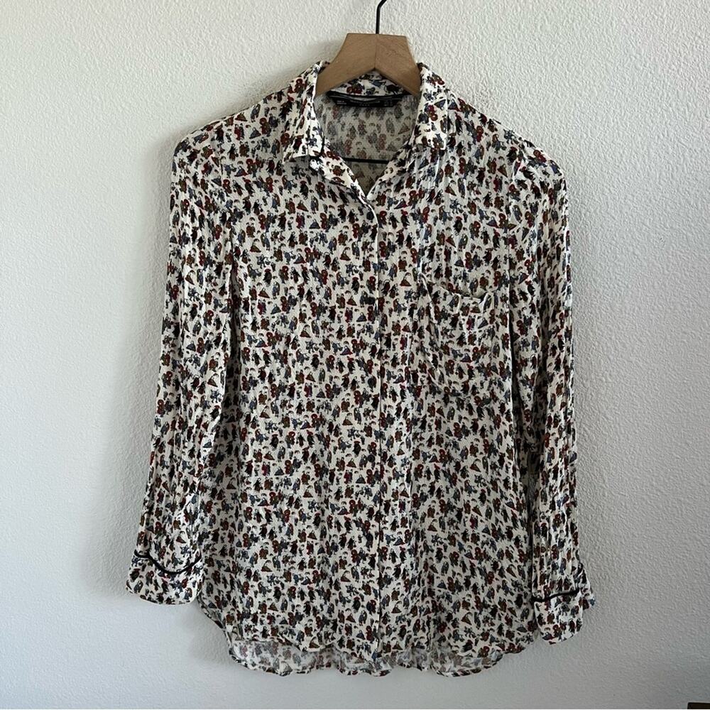 Zara Trafaluc Collection Viscose Japanese Scene People Top Shirt US Medium